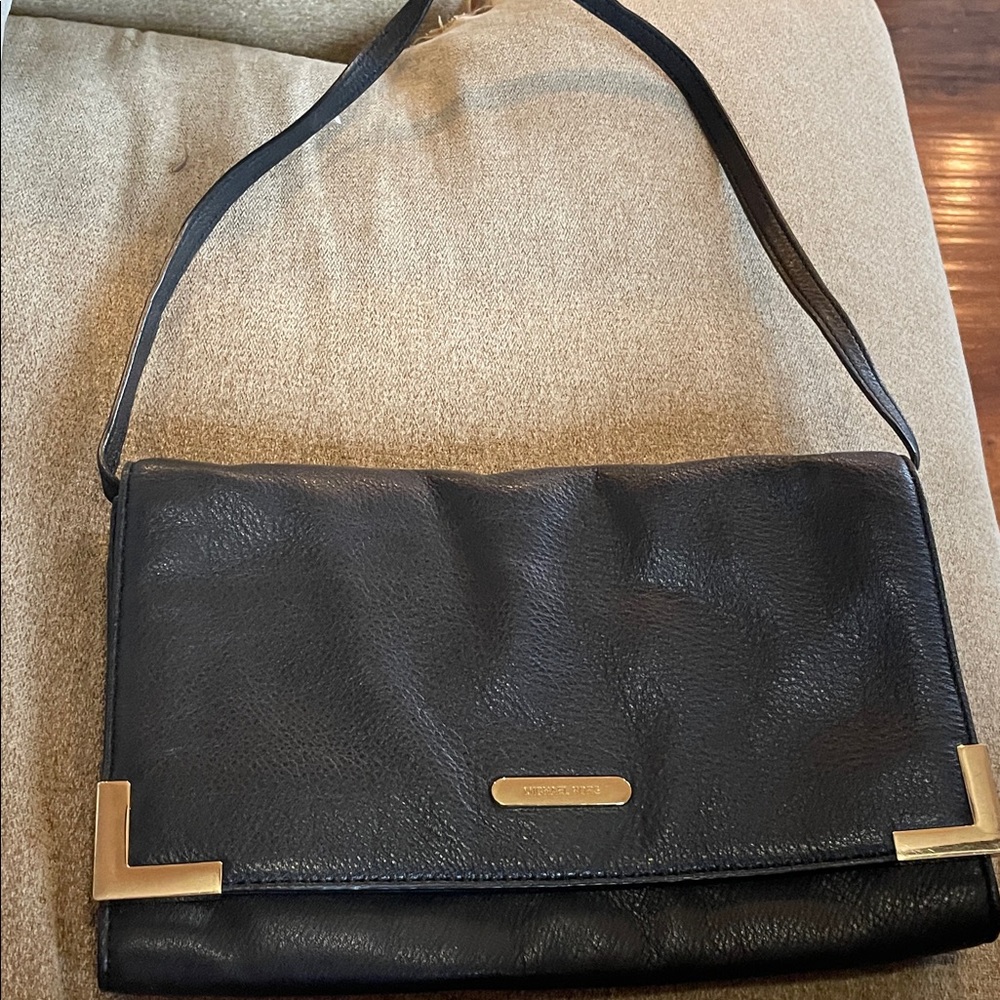 Michael Kors Black Leather Shoulder Bag with Gold Details